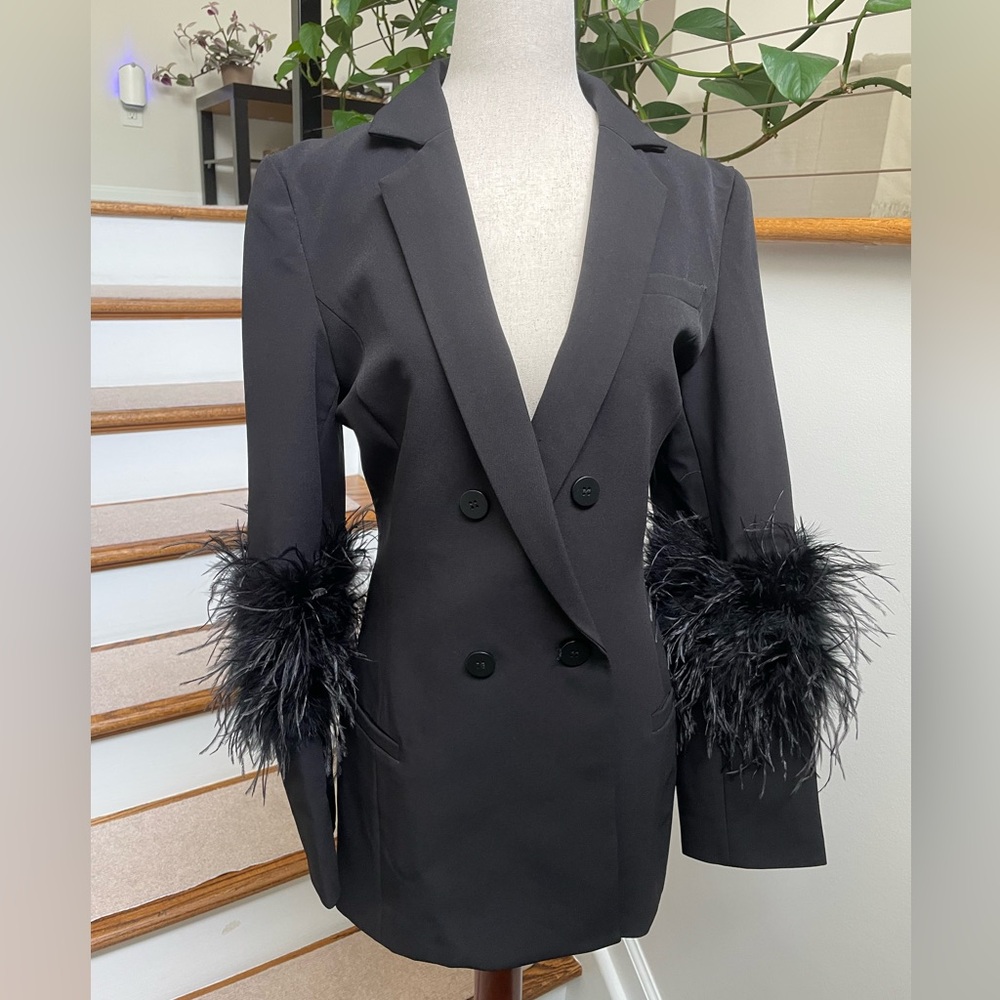 Fashion Nova Black Feather Trim Blazer